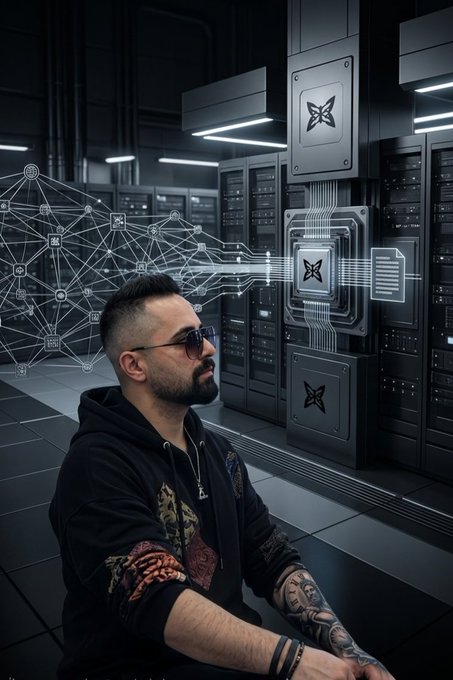 A dramatic digital artwork of a bearded man with sunglasses and tattoos wearing a black hoodie, sitting in a futuristic dark server room with network nodes and circuit-like structures featuring X (formerly Twitter) logos displayed around him.