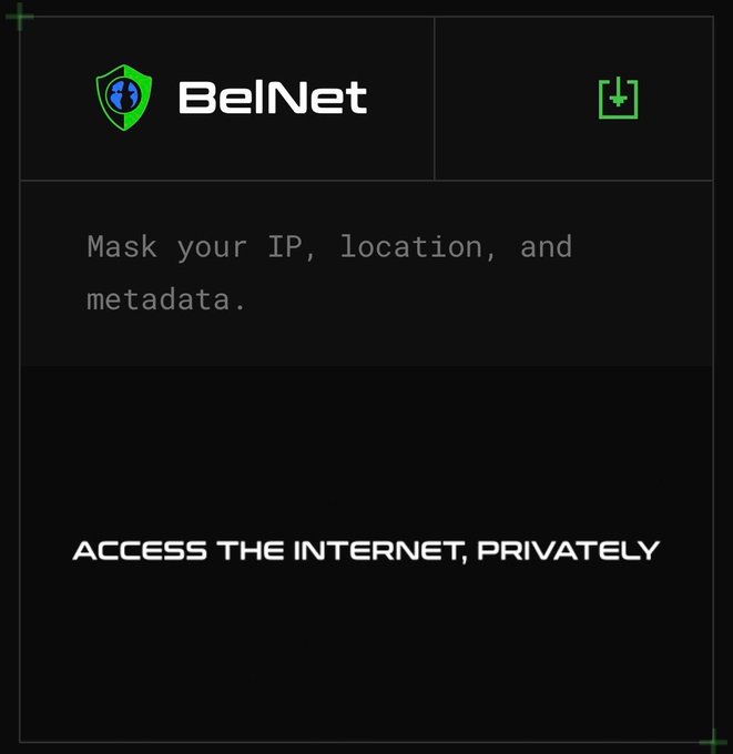 A BelNet advertisement with the tagline 'Mask your IP, location, and metadata' and 'ACCESS THE INTERNET, PRIVATELY' on a dark background.