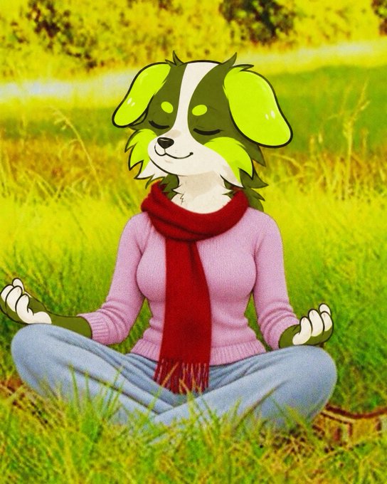 An anthropomorphic dog character with green ears and white fur sits cross-legged in a meditative pose in a grassy field, wearing a pink sweater and red scarf.