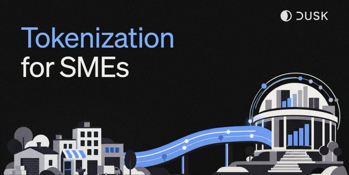 A dark promotional banner titled 'Tokenization for SMEs' from DUSK, featuring an illustrated cityscape leading to a domed building with bar chart graphics.