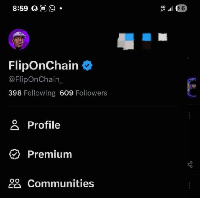A Twitter/X profile screenshot for verified user 'FlipOnChain' (@FlipOnChain_) showing 398 Following and 609 Followers, with menu options for Profile, Premium, and Communities.
