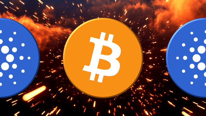The image features three circles with Bitcoin symbols inside them against a backdrop of sparks and flames. The Bitcoin symbol is white with an orange outline, and there are two blue circles surrounding it. The background consists of red and orange sparks flying outwards from the Bitcoin symbol. The caption below the image reads "JUST IN: Charles Hoskinson says 
if I put a big button in the Bitcoin wallet that says make money, they click it, and start getting BTC staking rewards, a lot of people will click that button—that creates TXs, TVL, and consumes yield products in smart contracts on Cardano $ADA".