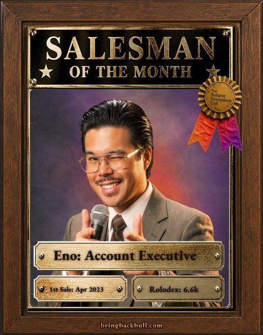 A retro-style 'Salesman of the Month' award plaque featuring a man with a mustache and glasses holding a microphone, identified as 'Eno: Account Executive' with a 'Rolodex: 6.6k' stat.