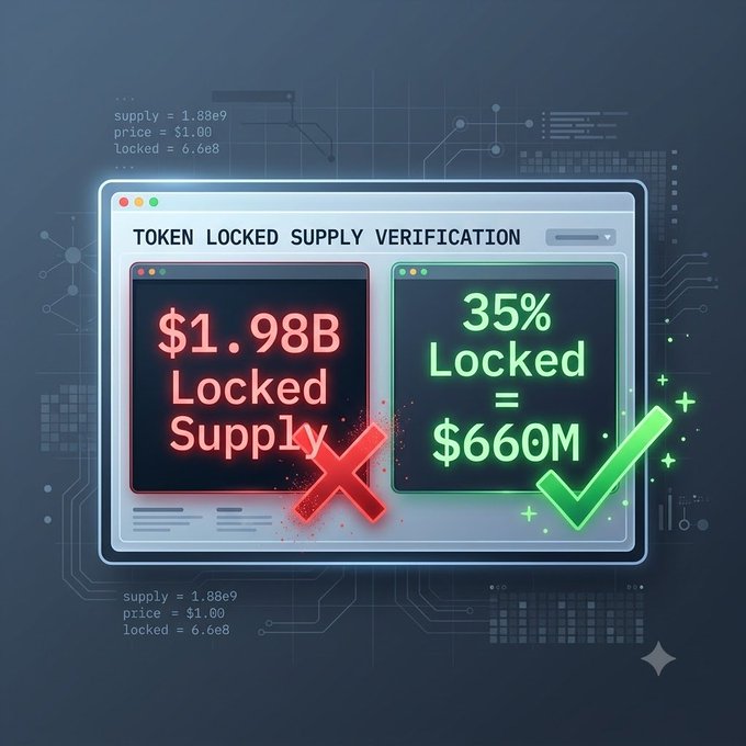 A digital infographic titled 'TOKEN LOCKED SUPPLY VERIFICATION' shows that $1.98B Locked Supply is incorrect (marked with a red X), while the correct calculation is 35% Locked = $660M (marked with a green checkmark).
