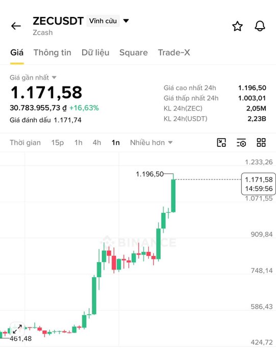 A Binance trading chart for ZECUSDT (Zcash) showing a current price of 1,171.58 USDT with a 16.63% gain, displaying a strong upward trend with a 24h high of 1,196.50.