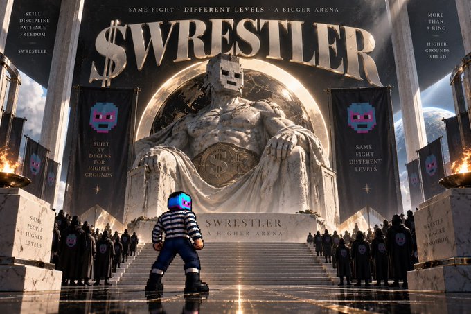 A digital art poster titled '$WRESTLER' showing a masked figure approaching a massive statue holding a dollar coin, with banners reading 'BUILT BY DEGENS' and 'SAME FIGHT DIFFERENT LEVELS'.