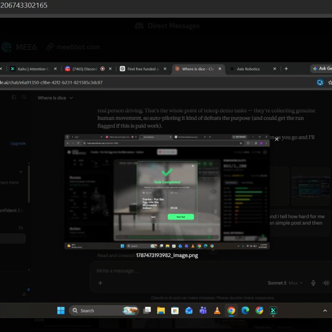 A screenshot of a Discord chat on the MEE6 bot interface displays a "Task Completed" success message from Axis Robotics' data collection platform, showing a user named "Fresh - Put Egg Into the Microwave - Indoor" finished with a 01:34 timer, directly illustrating the post's announcement of completing their first teleoperation task controlling a Franka arm to place an egg in a microwave.