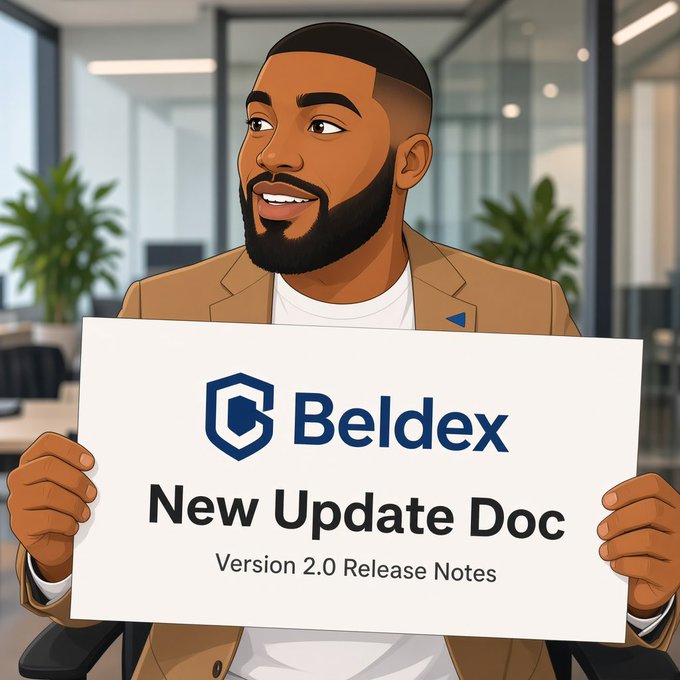 A illustrated man in a tan blazer holds up a sign reading "Beldex - New Update Doc - Version 2.0 Release Notes" in what appears to be a modern office setting, visually announcing the release of Beldex's ($BDX) updated MiCA Whitepaper that redefines the token's multifaceted role beyond just powering the privacy network.