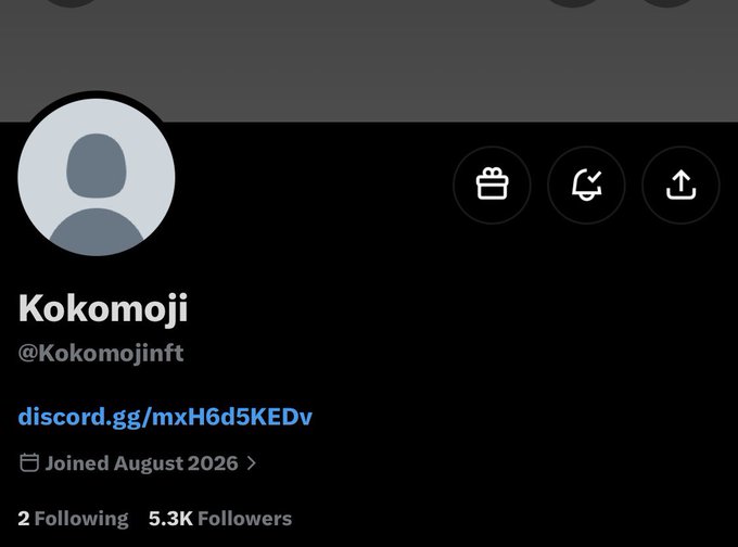 A social media profile page for 'Kokomoji' (@Kokomojinft) displays a Discord link, a join date of August 2026, and 5.3K followers.