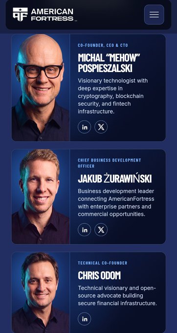 The image displays the leadership team of American Fortress, featuring Co-Founder/CEO/CTO Michał "Mehow" Pospieszalski, Chief Business Development Officer Jakub Żurawiński, and Technical Co-Founder Chris Odom. This aligns with the post promoting American Fortress's uncapped contact system, as the executives pictured are the team behind the platform offering free FortressName accounts.