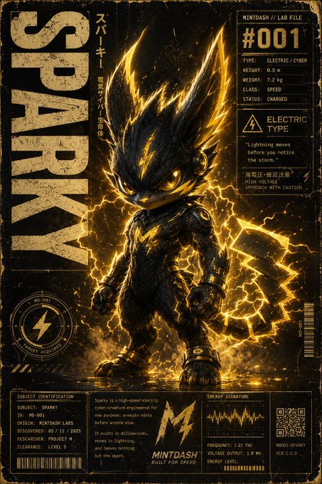 The image is a stylized character profile poster for "SPARKY" (Mintdash Lab File #001), an Electric/Cyber type mascot mascot specimen standing against a backdrop of crackling yellow lightning, featuring details like ID "MD-001," weight "7.2 kg," class "SPEED," and a high voltage warning. The dramatic black and gold design brings the newly unveiled @_mintdash mascot to life, depicting Sparky as a spiky, energy-infused creature with lightning bolt marks and a glowing aura that matches its electric theme.