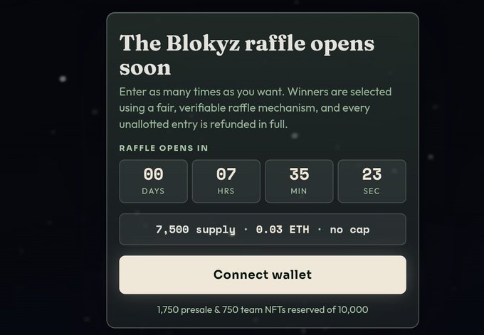 A webpage announces 'The Blokyz raffle opens soon' with a countdown timer, 7,500 supply at 0.03 ETH, and a 'Connect wallet' button.