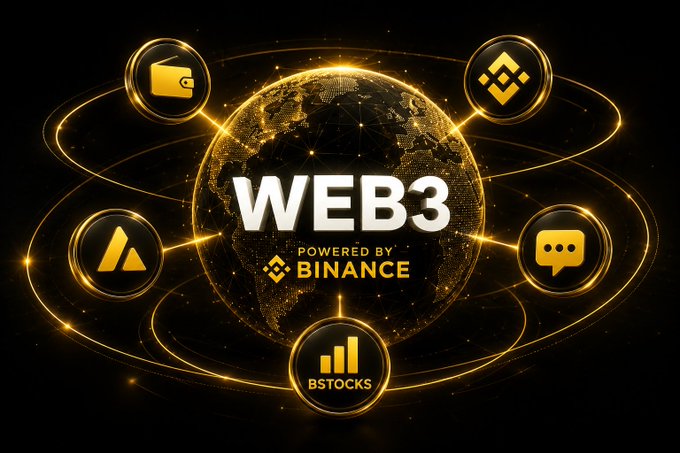 A promotional graphic for 'WEB3 POWERED BY BINANCE' featuring a glowing golden globe surrounded by various crypto-related icons.