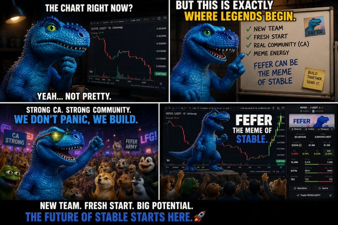 A four-panel meme about a cryptocurrency called 'FEFER' featuring a blue dinosaur character presenting a bearish chart and a whiteboard with the text 'NEW TEAM, FRESH START, REAL COMMUNITY (CA), MEME ENERGY, FEFER CAN BE THE MEME OF STABLE.'