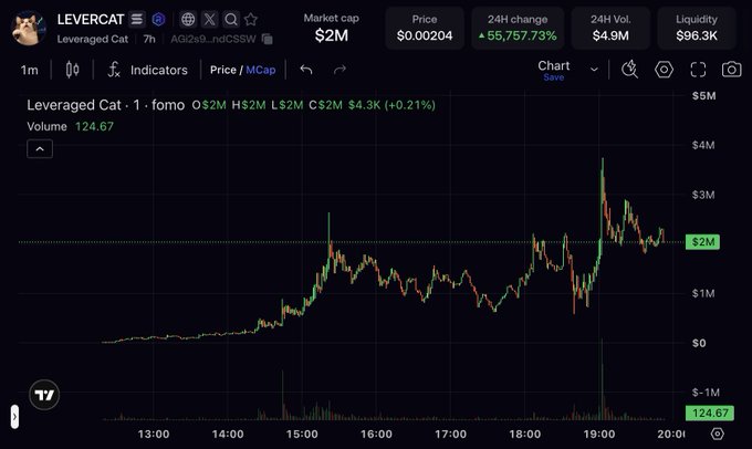 A cryptocurrency price chart for 'LEVERCAT' showing a market cap of $2M, a 24H change of 55,757.73%, 24H volume of $4.9M, and a price of $0.00204.