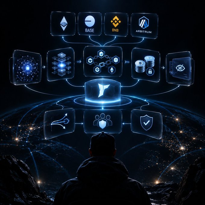 A futuristic digital illustration showing a person from behind looking at a glowing blockchain ecosystem featuring Ethereum, Base, BNB, and Arbitrum logos at the top, connected by data flow diagrams.