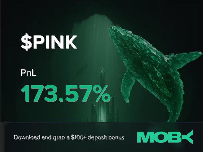 The image showcases a Moby Mobile promotional graphic for a winning trade on $PINK, highlighting a PnL of +173.57% alongside an artistic green whale illustration, with a call-to-action to download the app and claim a $100+ deposit bonus.