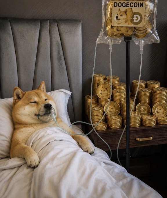 A Shiba Inu dog lying in bed with an IV connected to a bag labeled 'DOGECOIN,' surrounded by stacks of Dogecoin coins on the nightstand.
