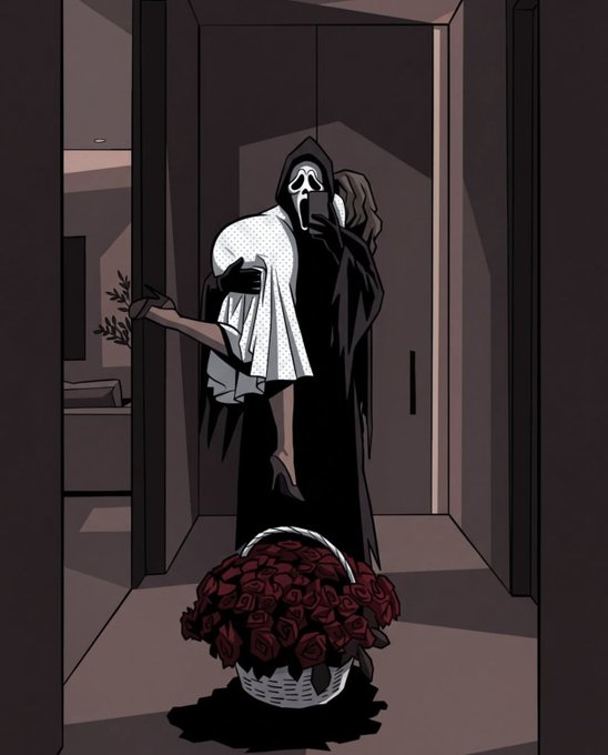 A dark illustration depicts the Ghostface killer from Scream carrying a woman bridal-style through a doorway, with a large basket of red roses sitting in the foreground on the floor.