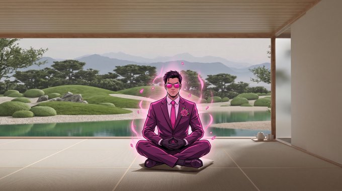 An illustration of a man in a pink suit and sunglasses meditating cross-legged on a floor, surrounded by pink energy, looking out onto a traditional Japanese garden with a pond and mountains.