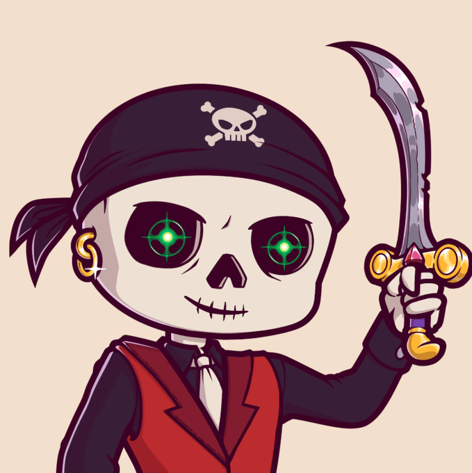 A cartoon skull character wearing a black pirate bandana with skull and crossbones, sporting glowing green eyes, a red vest, and holding a curved sword.