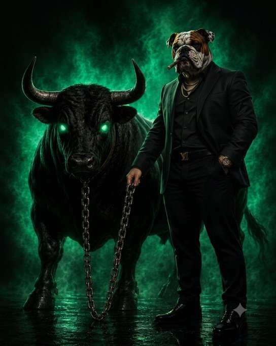 Stylized image of a man with a bulldog head wearing a black suit, holding chains attached to a black bull with glowing green eyes against a smoky green background.