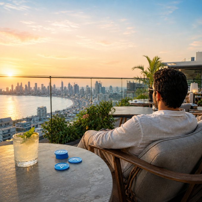 A man relaxes on a rooftop terrace at sunset, cocktail in hand and poker chips nearby, overlooking a sprawling coastal city skyline—setting the perfect laid-back vibe for a "GM $GRAM" message asking about weekend plans.