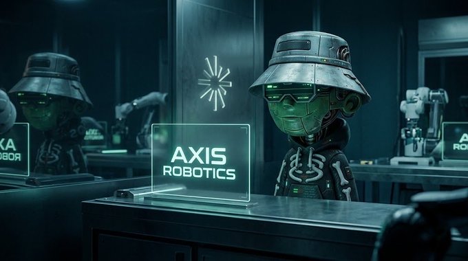 A futuristic scene with robots at a counter, one displaying a glowing 'AXIS ROBOTICS' sign, set in a dim, sci-fi environment.