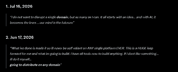 A black background with two text entries dated 'Jul 16, 2026' and 'Jun 17, 2026,' featuring quotes about disrupting multiple domains and distributing across domains.