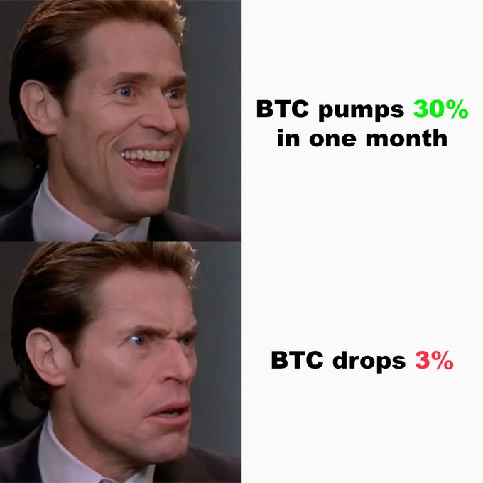 A meme using two reaction images of Willem Dafoe from Spider-Man: the top shows him smiling with the text 'BTC pumps 30% in one month', while the bottom shows him frowning with 'BTC drops 3%'.