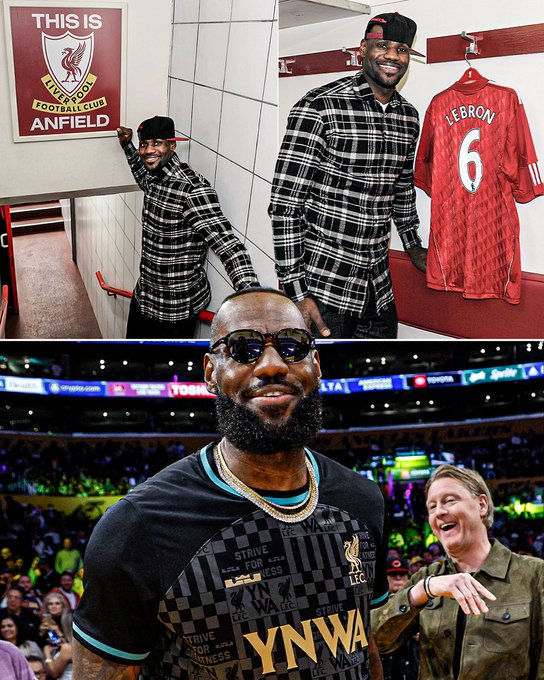LeBron James is shown posing at Liverpool's Anfield stadium next to a framed "This Is Anfield" sign and a red #6 LeBron jersey, as well as wearing a black "YNWA" (You'll Never Walk Alone) LFC shirt courtside with "STRIVE FOR GREATNESS" printed on it, visually highlighting his investment in Liverpool FC—the same club referenced in the post as having grown to a $6.2B valuation over 15 years.