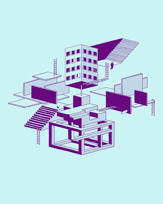 An isometric illustration of a purple and teal architectural construction set with a building, platforms, and stairs on a light blue background.