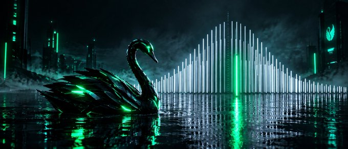 A digital artwork of a mechanical, glowing green swan floating on water at night, with a backdrop of vertical glowing lights resembling a cityscape and a music equalizer.