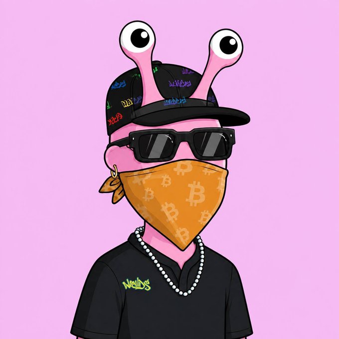 An illustration of a pink anthropomorphic snail character wearing sunglasses, a black cap, a black shirt, a gold earring, a pearl necklace, and an orange bandana mask patterned with Bitcoin '₿' symbols.