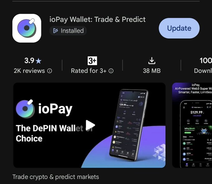 An app store listing for 'ioPay Wallet: Trade & Predict,' rated 3.9 stars, showing it as installed with an update option available and 38 MB size.