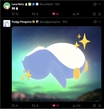 A screenshot of a Twitter/X interaction between @LucaNetz (posted 12m ago) and the official @pudgypenguins account (posted 10m ago) showing an animated image of a glowing white and yellow pudgy penguin surrounded by sparkles, hinting at upcoming news for the $PENGU token.