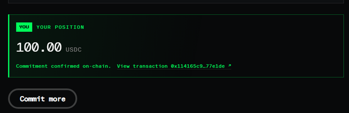 The image shows a "YOUR POSITION" status panel displaying 100.00 USDC committed, with a confirmed on-chain transaction (0x114165c9_77e1de) and a "Commit more" button, visually verifying the user's $100 commitment to the Axis Robotics ($gAxis) token sale mentioned in the post.