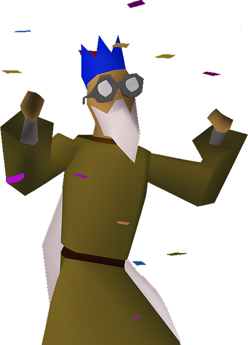 A low-polygon 3D rendered character with blue hair, goggles, and a brown robe with arms raised against a white background with colorful confetti.