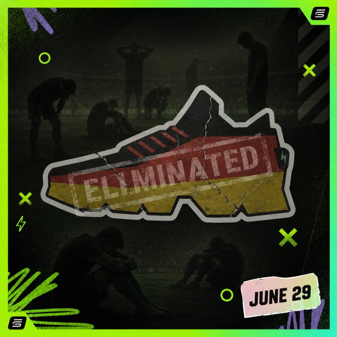 A dark graphic design poster with the word 'ELIMINATED' in a torn red and yellow banner across the center, showing silhouettes of defeated figures, dated 'JUNE 29' with neon green accents.