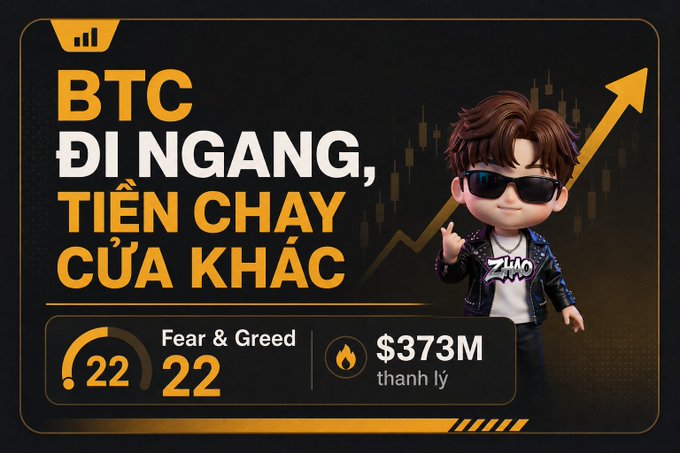 A bold yellow-and-black crypto graphic featuring a 3D cartoon avatar in sunglasses giving a thumbs up, paired with the Vietnamese headline "BTC ĐI NGANG, TIỀN CHẠY CỬA KHÁC" (BTC sideways, money flowing through other doors). The dashboard displays a Fear & Greed Index of 22 and $373M in liquidations, visually reinforcing the post's message that while $BTC hovers sideways near $62.6K amid fear and forced liquidations, capital is rotating into altcoins with real revenue and token burn.