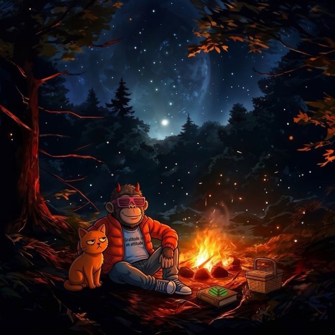 A digital illustration of a monkey wearing red shutter shades and a 'Gratitude Attitude' shirt sitting by a campfire with a grumpy orange cat at night, with a book and picnic basket nearby.