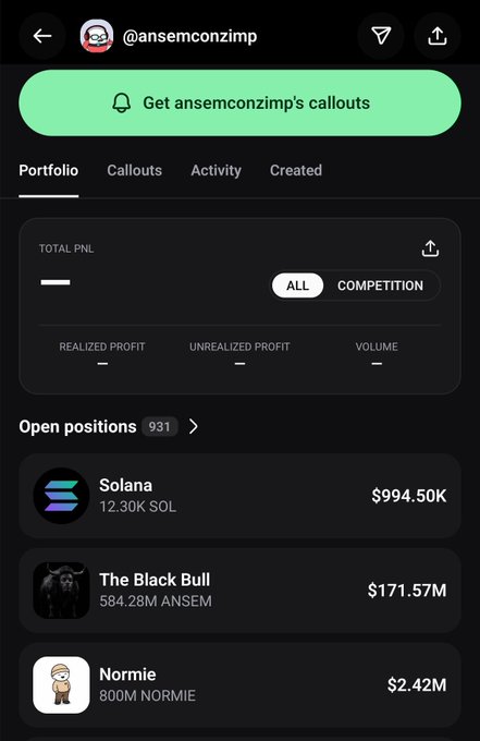 A screenshot of a crypto trading portfolio for user '@ansemconzimp' showing open positions including Solana (12.30K SOL, $994.50K), The Black Bull (ANSEM), and Normie (NORMIE).