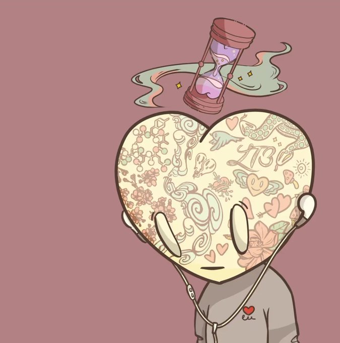 A digital illustration of a character with a large heart-shaped head covered in decorative doodles like flowers, swirls, and the number '113', wearing a stethoscope and grey shirt, with a floating hourglass emitting green wisps above its head.