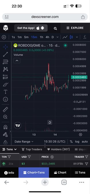 A screenshot of Dexscreener showing the ROBDOG/GME token chart priced at $0.0003465 with +0.09% gain over 15 minutes, displaying trading data including top traders, holders (907), and transaction history—context that relates to the post's advice about identifying tokens backed by wealthy developers who have established fan bases rather than rug-pullers.