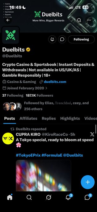 Screenshot of Duelbits Twitter/X profile showing their bio 'Crypto Casino & Sportsbook | Instant Deposits & Withdrawals | Not available in US/UK/AS | Gamble Responsibly | 18+' with 187.1K followers.