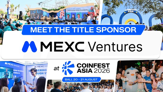 Promotional graphic for Coinfest Asia 2026 (Bali, 20-21 August) featuring MEXC Ventures as the title sponsor, with collaged images of the event.