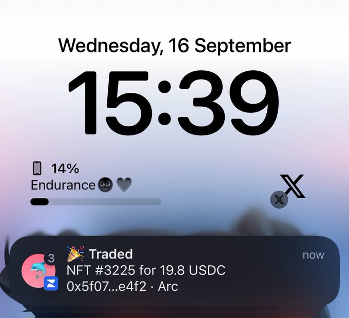 A phone lock screen displays the time (15:39), date (Wednesday, 16 September), and a notification showing an NFT (#3225) being traded for 19.8 USDC, supporting the post's claim of a $6-$20 NFT trade and gratitude for a buyer.