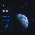 A small image showing a dark phone screen with a space/Earth theme, featuring the text '00:00', 'LOGGED IN', and 'XWON'.