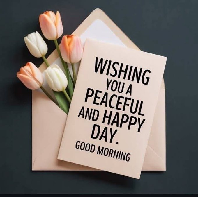 The image features a card with a message written on it that says "Wishing you a peaceful and happy day". The card is placed next to some flowers, which are pink and white in color. The background of the image is black, providing a contrast to the colorful elements within the frame.