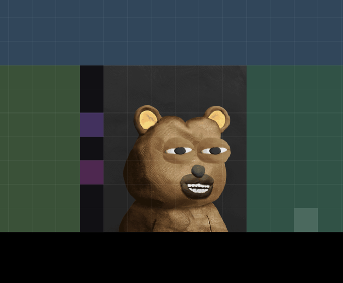 A claymation-style bear with a sly, toothy grin is displayed against a pixelated dark background with purple and green blocks, appearing as the generated artwork for Pixeldeed block #683 celebrating user @Brrrbon_.